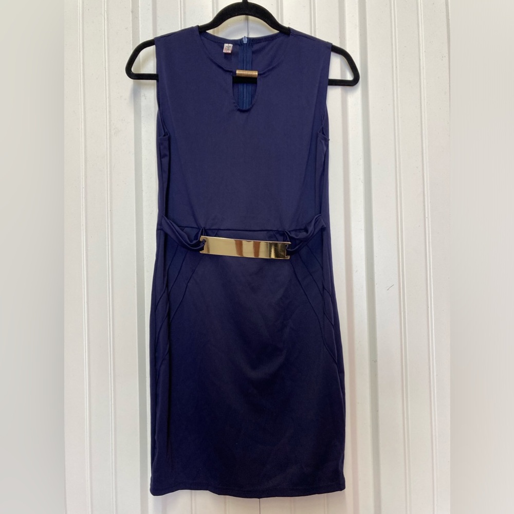 Yisjnet blue dress size L gold buckle approx 34” long